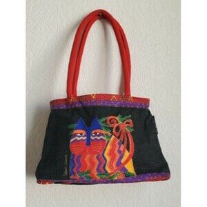 Laurel Burch Cat Tote Canvas Bag Sun N Sand Holly Purse Zip Red Black 12"x8"